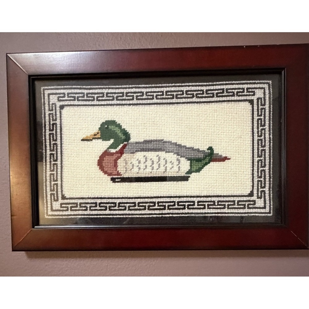 Framed Needlepoint Mallard Duck Wall Hanging Art Cherrywood 13"x9"
